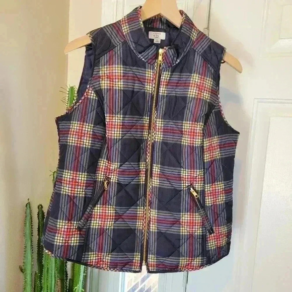 Crown & Ivy Blue Plaid Puffer Vest Adjustable Waist, Size Petite L - Picture 2 of 10